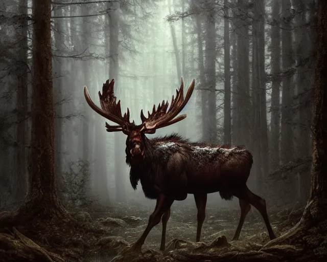 Image similar to 5 5 mm portrait photo of an armored demonic undead rotting moose with red eyes antlers and looking at the camera, in a magical forest. magical atmosphere. art by greg rutkowski and luis royo. highly detailed 8 k. intricate. lifelike. soft light. nikon d 8 5 0.