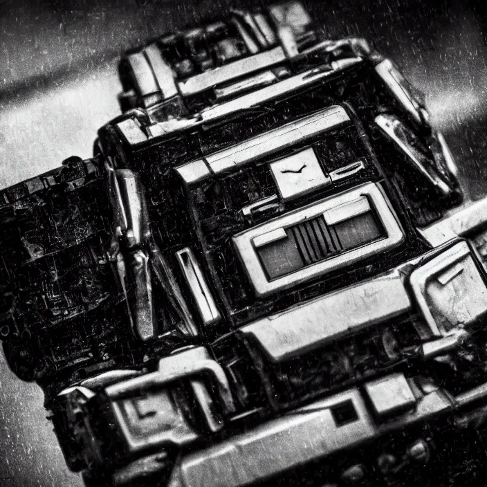 Image similar to a jvc radio as an autobot transformer in a film noir. moody, medium close shot. overcast, rainy.