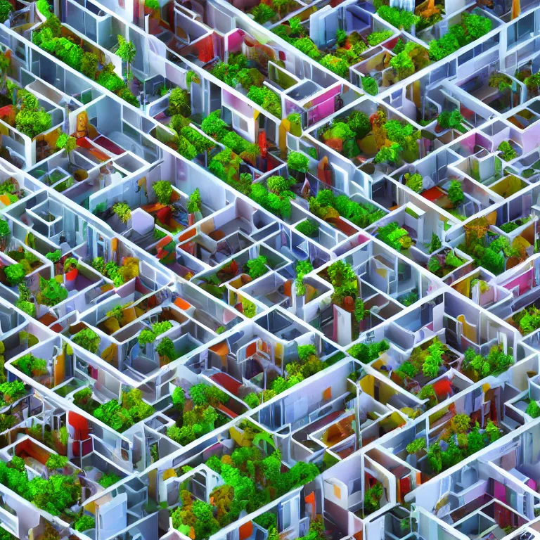 Image similar to body cells are like an apartment building, in each cell there is everyday life, parties, movement, artistic, beautiful and cute, low poly, high quality, detailed, 8 k resolution