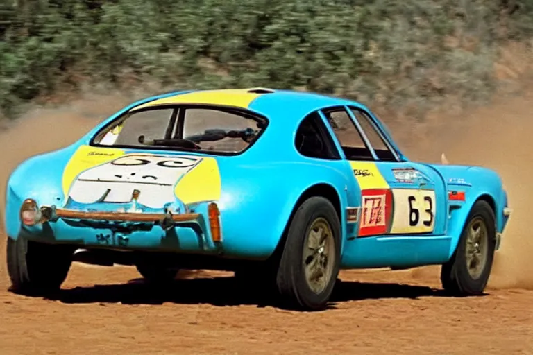 Prompt: 1 9 6 9 alpine a 1 1 0, dakar rally footage, speed