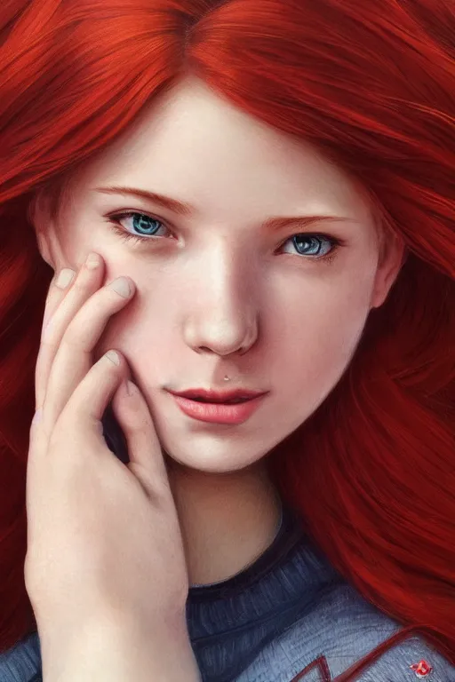 Prompt: ultra realistic style illustration of a beautiful cute red haired joyful 1 9 year old teen, full portrait, long hair, sci - fi, fantasy, intricate, elegant, digital painting, artstation, concept art, smooth, sharp focus, 8 k frostbite 3 engine, ultra detailed, art by artgerm and greg rutkowski and magali villeneuve