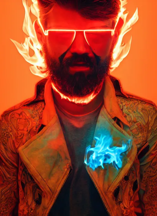 Image similar to Man with fire flames facial hair, light atmosphere, neon, cinematic shot, intricate, ornate, photorealistic, ultra detailed, realistic, 100mm, photography, octane, high definition, depth of field, bokeh, 8k, artstation