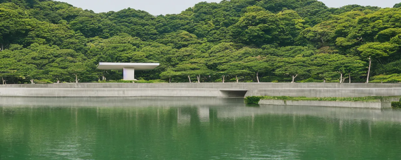 Image similar to The Oval at Benesse Art Museum Naoshima, Japan, built by Tadao Ando, brutalist architecture, pond in the center, overgrown with foliage, kodachrome, 35mm