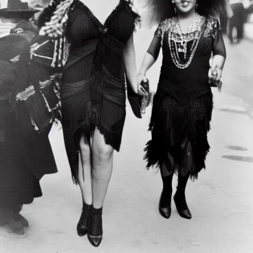 Prompt: 1920s photo of Mariah Carey and Beyonce walking down 5th Avenue