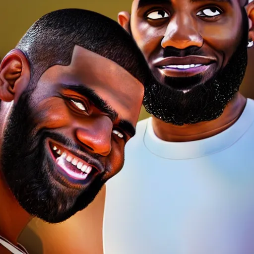 Image similar to beautiful serene intricate portrait of kyrie irving and lebron james taking a selfie, smiling softly, relaxing on the beach, golden hour, soft focus, 8 k, art by irakli nadar, hyperrealism, hyperdetailed, ultra realistic