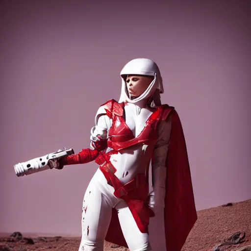 Image similar to a young female soldier wearing blood - spattered glossy sleek white dinged scuffed armor and a long torn red cape, heroic posture, determined expression, elegant, battle weary, no helmet, on the surface of mars, dramatic lighting, cinematic, sci - fi, hyperrealistic, detailed
