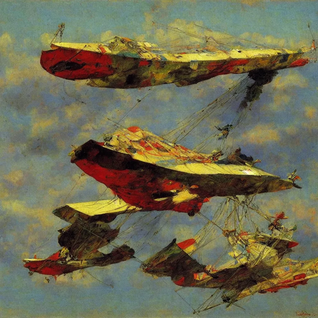 Prompt: colorful zepplin with rudders, 1905, colorful highly detailed oil on canvas, by Ilya Repin