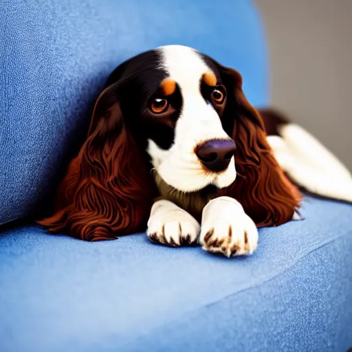 Prompt: a cute spaniel spread out on a plush blue sofa. Award winning photograph, soft focus, depth of field, rule of thirds, national geographic, golden hour, style of Vogelsang, Elke, symmetric