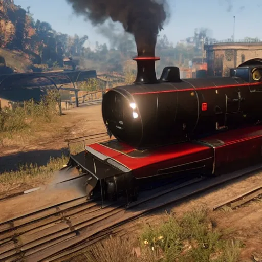 Image similar to futuristic sleek steam locomotive in red dead redemption 2