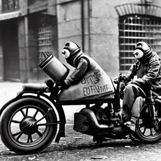 Image similar to minions from despicable me ridding a half - track motorcycle with a single front wheel, better known as the kleines kettenkraftrad hk 1 0 1, in the empty and destroyed london, circa 1 9 3 9, 4 k hd