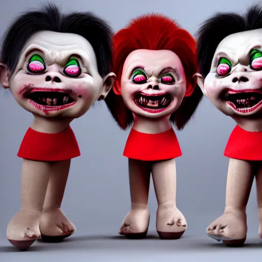 Image similar to a large variety of ice cream popsicles shaped like screaming chucky dolls, octane render