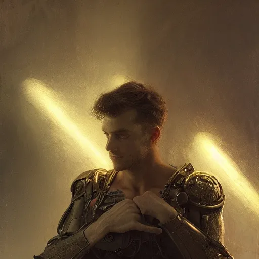 Prompt: handsome portrait of a young guy fitness posing, war hero, radiant light, caustics, volumetric wires surrounding, by gaston bussiere, bayard wu, greg rutkowski, giger, maxim verehin