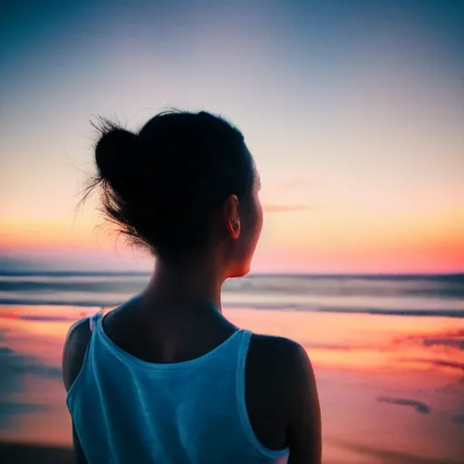 Prompt: aesthetic photo of a woman looking up crying at a beach at sunset, dslr, award winning, 8 k, octane beautifully detailed render, warm mood, cinematic lighting, detailed photo, masterpiece, volumetric lighting, ultra realistic, highly detailed, high quality, lossless, photorealistic, sharp focus, hd