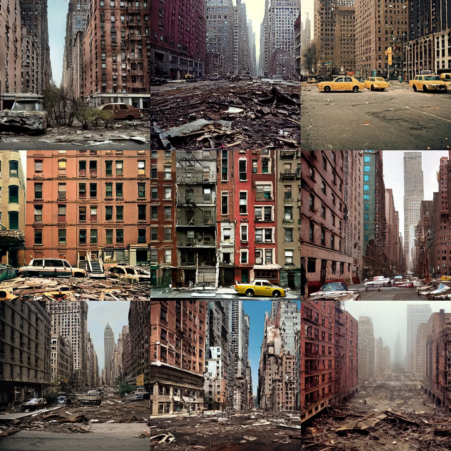 Prompt: photograph of the decaying remains of new york city by wes anderson, sad, depressing, strange, creepy