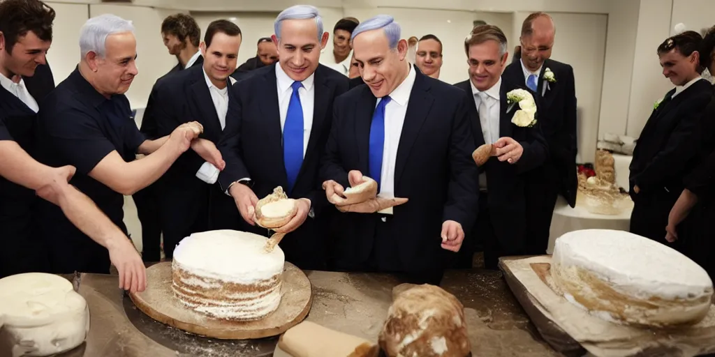 Prompt: Benjamin Netanyahu baking a wedding cake
