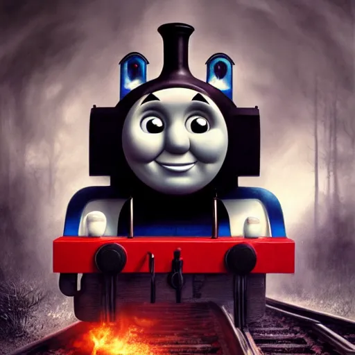 Prompt: thomas the tank engine, horror, intricate artwork, concept art, octane render, deviantart, cinematic, key art, hyperrealism, iridescent accents, portrait photograph, nikon 3 5 mm, photograph by greg rutkowski