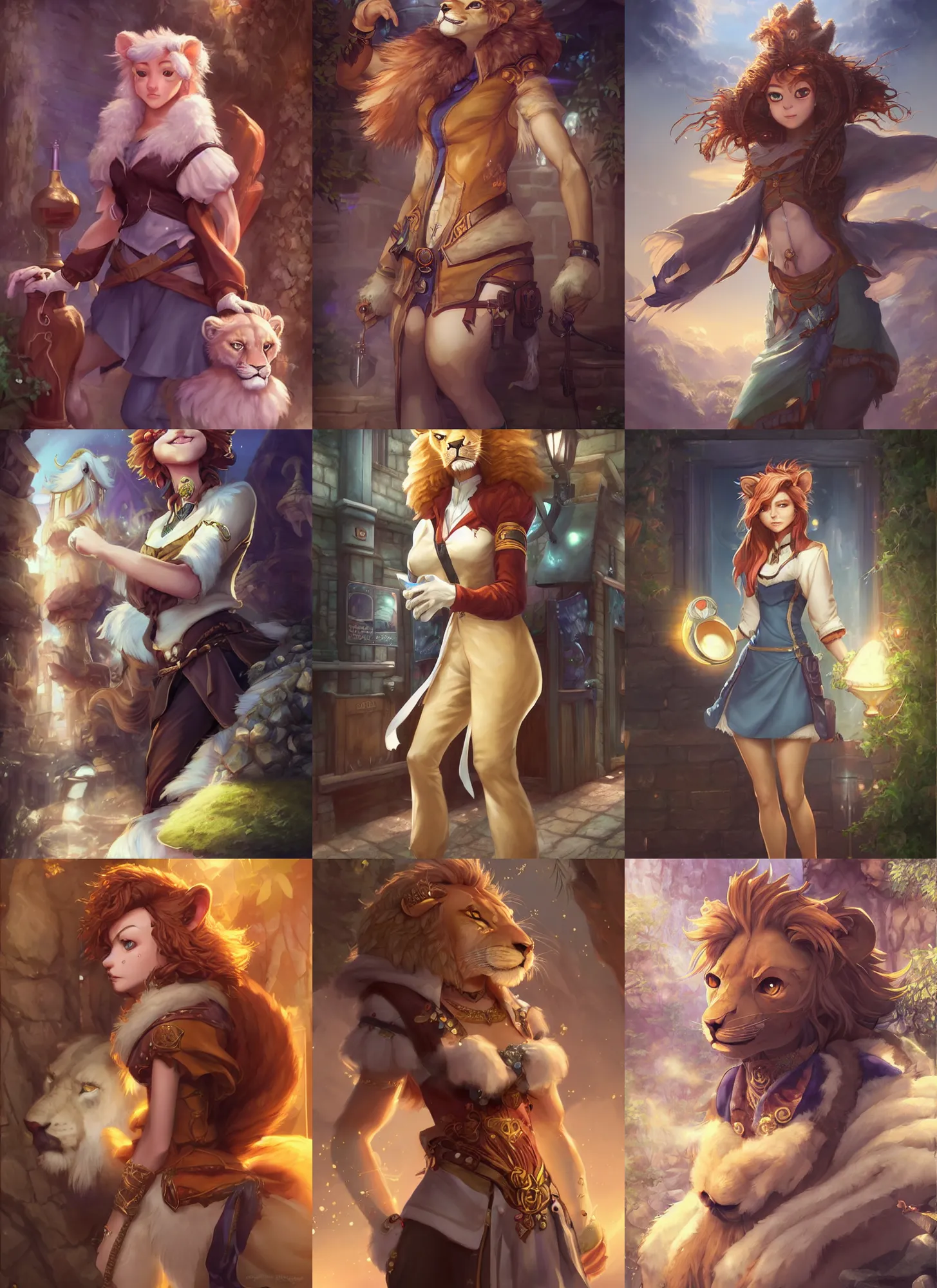 Image similar to beautiful portrait of a female anthropomorphic lion fursona wearing fantasy adventurer's clothes outside a fantasy tavern. character design by charlie bowater, ross tran, artgerm, and makoto shinkai, detailed, soft lighting, rendered in octane