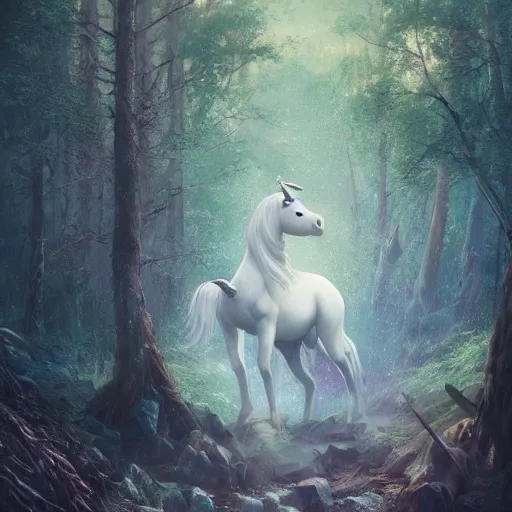 Prompt: a majestic unicorn, standing in a clearing, in a forest, trending on artstation, CGSociety, Greg Rutkowski, Thomas Kinkade, action painting detailed painting maximalism studio ghibli