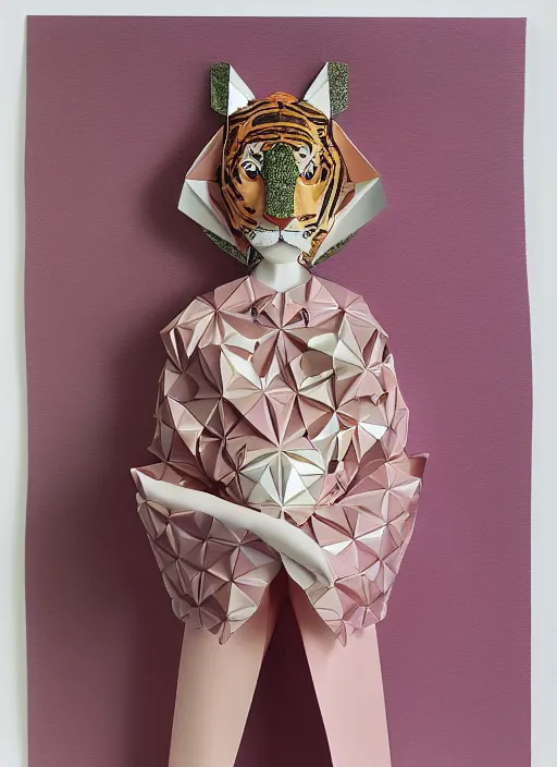 Image similar to portrait of a beautiful ceramic female tiger model wearing sakura and peach ( ( origami themed paper flower ) ) and metallic shapes haute couture by issey miyake