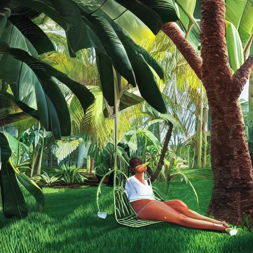 Image similar to person relaxing under the shade of a banana tree, digital art, hyper detailed