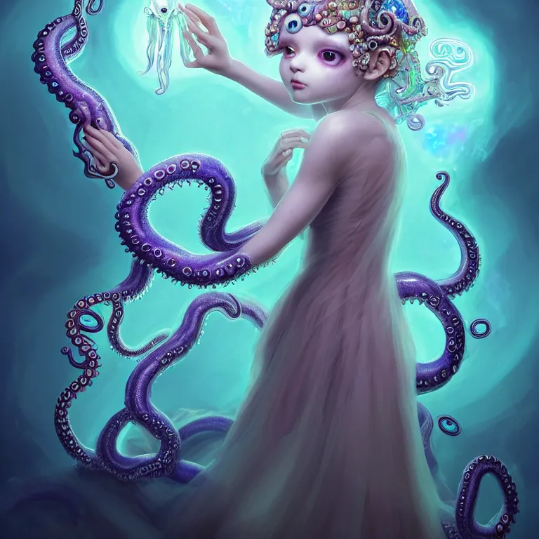 Image similar to A full shot of a cute magical monster Cryptid wearing a dress made of opals and tentacles. Chibi. Subsurface Scattering. Translucent Skin. Caustics. Prismatic light. defined facial features, symmetrical facial features. Opalescent surface. Soft Lighting. beautiful lighting. By Giger and Ruan Jia and Artgerm and WLOP and William-Adolphe Bouguereau and Loish and Lisa Frank. Sailor Moon. trending on artstation, featured on pixiv, award winning, sharp, details, intricate details, realistic, Hyper-detailed, HD, HDR, 4K, 8K.