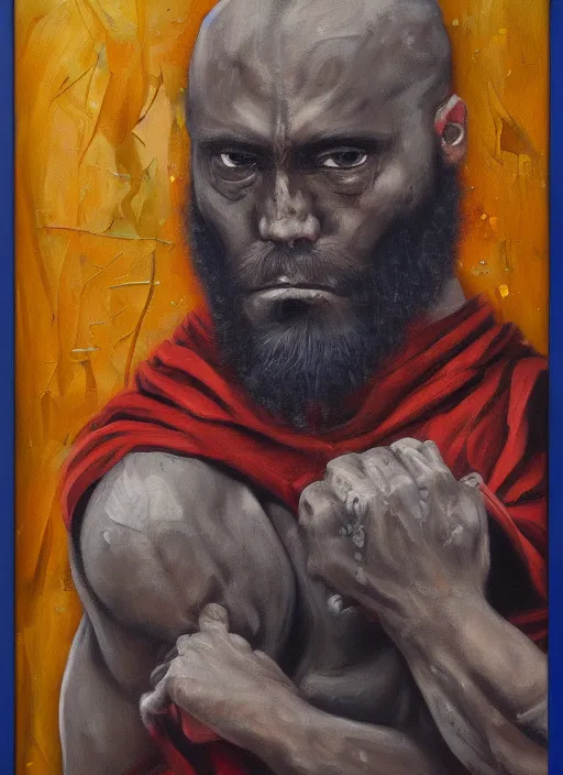 Image similar to A warrior battle monk, gritty, oil painting on canvas