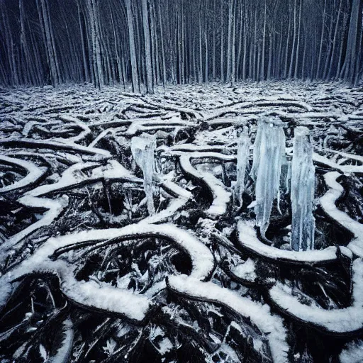Prompt: “A forest of ice demons imprisoning oil”