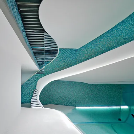 Image similar to a large room with surreal minimalist architecture, partially flooded by blue green water, liminal space, made of all white ceramic tiles, surreal, curving hallways, rounded ceiling, stairs,