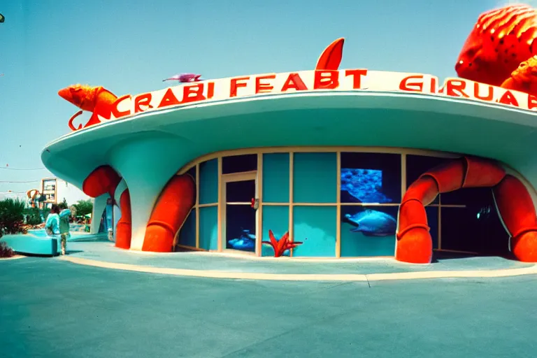 Image similar to 1 9 8 5 crab themed giant aquarium, googie architecture, one point perspective, americana, fishcore, exterior photography, hd 8 k, photography cinestill