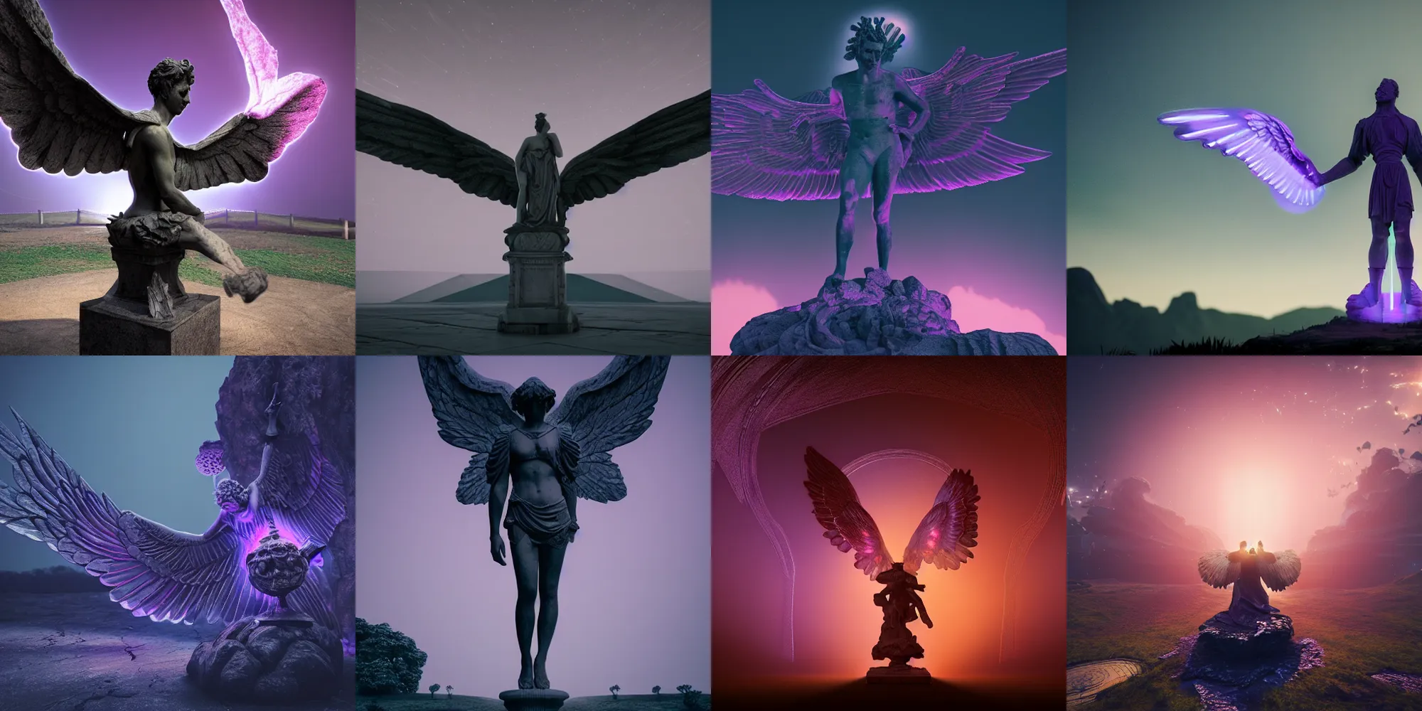 Prompt: beautiful dark landscape, old roman statue with wings, purple glowing ring, in the style of beeple and Mike Winkelmann, photo real, ultra realistic, intricate, epic lighting, 8k resolution, unreal engine 5, ultraviolet colors,