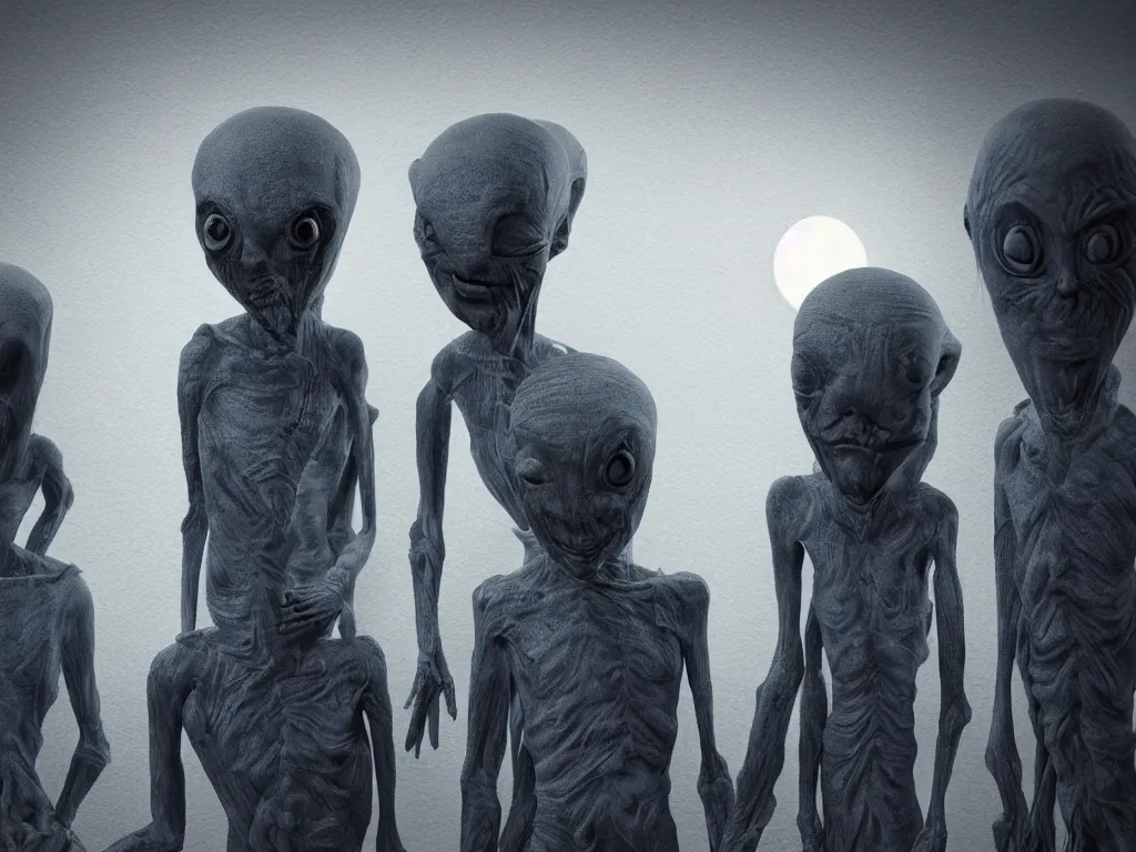 Prompt: three sinister grey aliens standing around my bed at night, moonlit bedroom, vivid and detailed, photorealistic