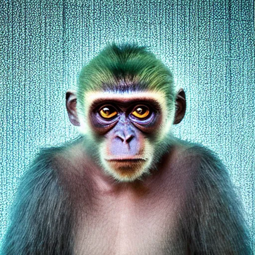 Image similar to Photography of ultra mega super hyper realistic detailed monkey by Hiromasa Ogura . Photo made from 30 meters distance on Leica Q2 Camera, Rendered in VRAY and DaVinci Resolve and MAXWELL and LUMION 3D, Volumetric cyan gold natural light. Wearing cyberpunk suit with many details by Hiromasa Ogura . Photo made from 30 meters distance on Leica Q2 Camera, Rendered in VRAY and DaVinci Resolve and MAXWELL and LUMION 3D, Volumetric cyan gold natural light