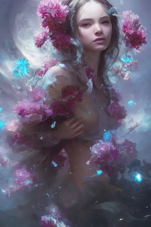 Prompt: the look of a young beautiful girl necromancer covered with crystals exploding space, 3 d render, hyper realistic detailed portrait, holding magic flowers, ruan jia, wlop. scifi, fantasy, hyper detailed, octane render, concept art, peter mohrbacher