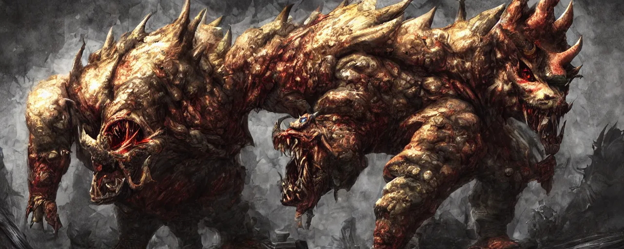 Image similar to concept art of bowser with huge horns and scales and talons, resident evil, horror, occult, terror, mist, volumetric render, digital painting, detailed painting