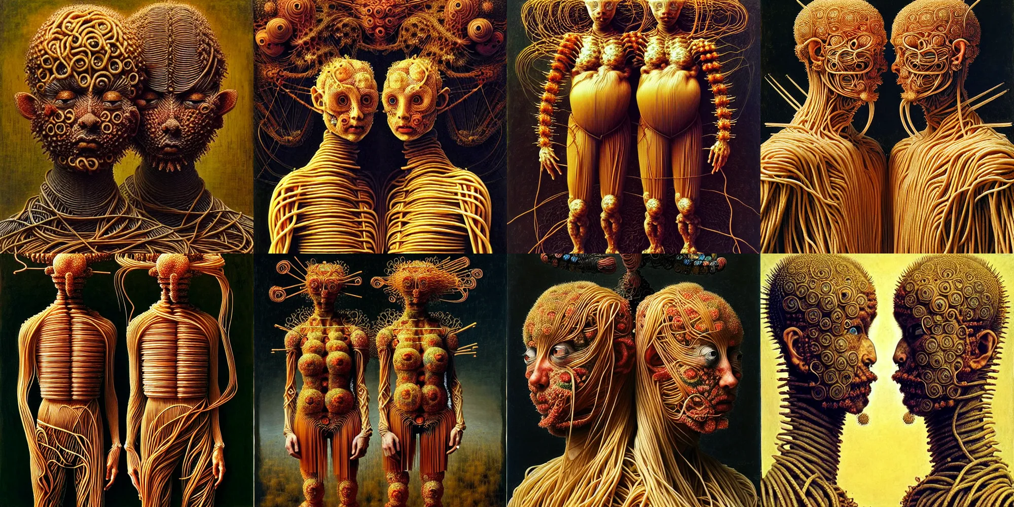 Image similar to siamese twins made of spaghetti, intricate armor made of spaghetti fractals, ancient warrior, samurai style, by giuseppe arcimboldo and ambrosius benson, renaissance, intricate and intense oil paint, a touch of beksinski, realistic