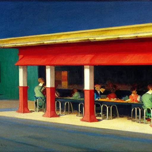 Prompt: a hawker centre, by edward hopper