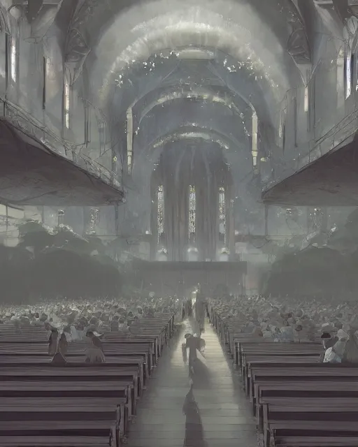 Image similar to craig mullins and ghibli digital matte art of a crowd in a futuristic church, priest, pews, ethereal, inviting, unreal engine, hyper realism, realistic shading, cinematic composition, realistic render, octane render, detailed textures, photorealistic, wide shot