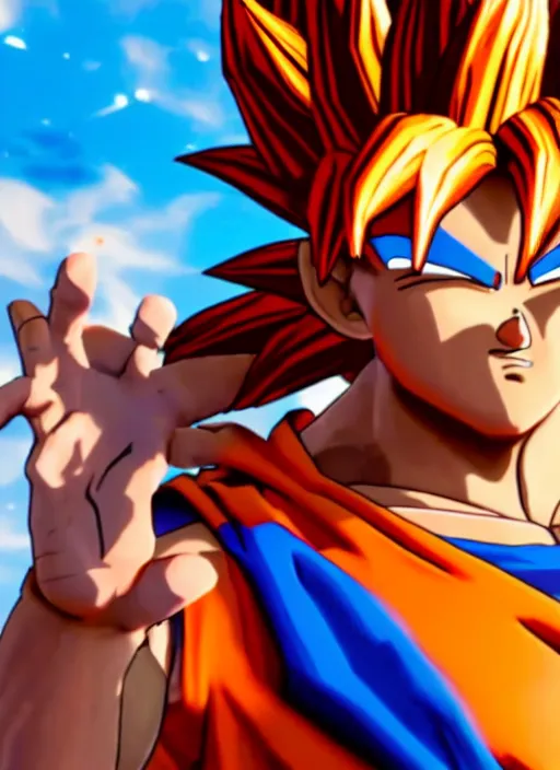 Image similar to game still of a sayan goku as a fortnite skin in fortnite, pose.