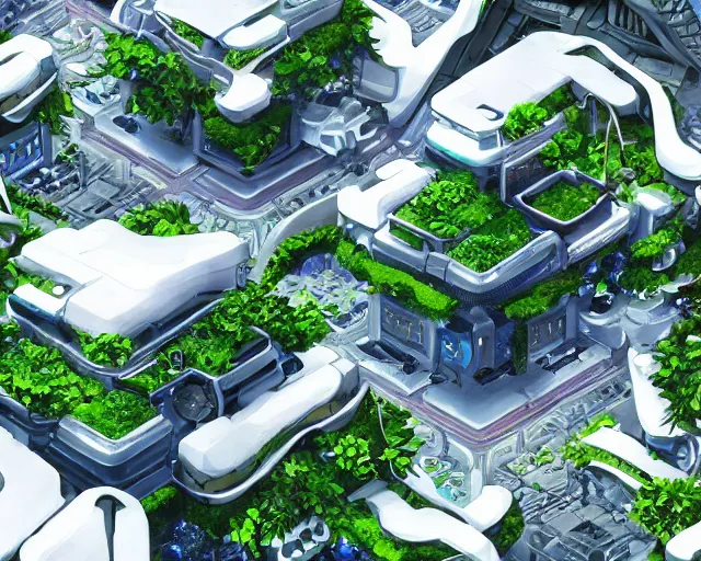 Prompt: A utopian futuristic city with green plants and flowing white buildings, brightly lit by the sun, beautiful lighting, highly detailed digital art, trending on Artstation