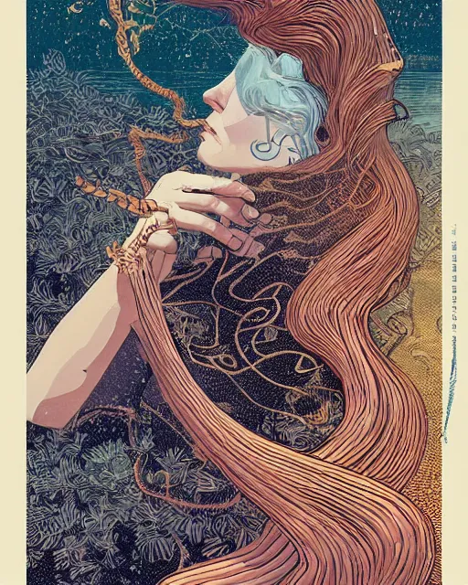 Prompt: a beautiful maiden with golden hair growing scales and sharp claws like a serpentine, digital art, illustrated by james gurney and victo ngai