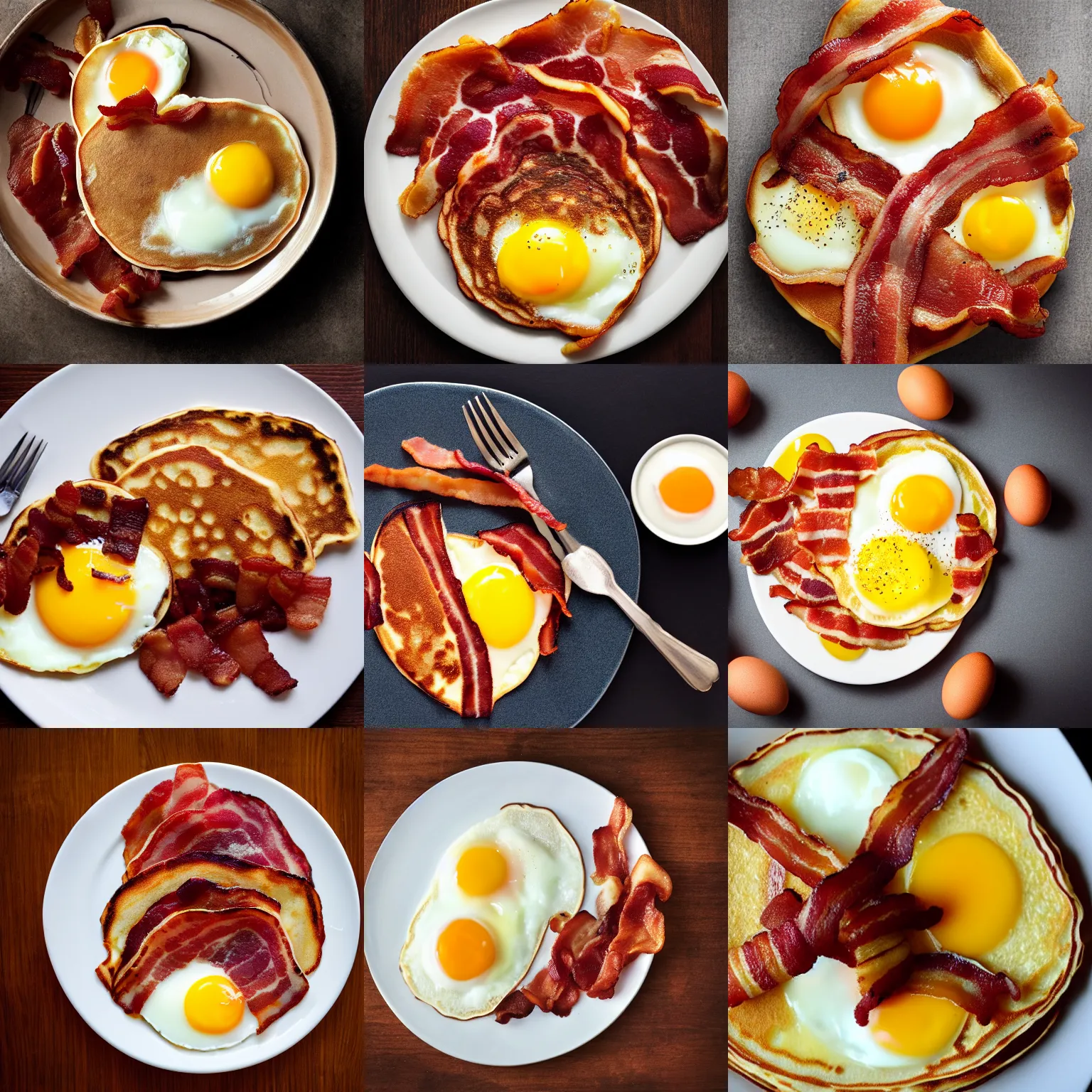 Prompt: pancake, eggs, bacon breakfast shaped like the portrait of a dog, food photography, high definition, focus
