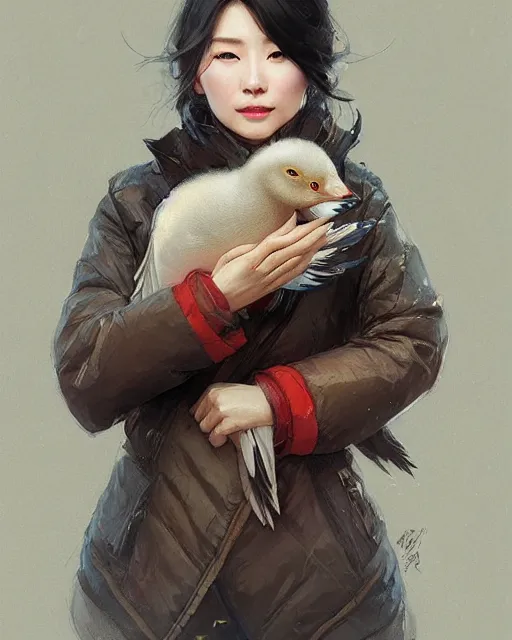 Prompt: a beautiful chinese woman in down jacket ， a goose ， winer ， wenjun lin intricate, elegant, highly detailed, digital painting, artstation, concept art, matte, sharp focus, illustration, hearthstone, art by artgerm and greg rutkowski and alphonse mucha