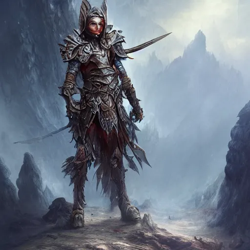 Prompt: A warrior with edgy armor standing in caves made of skulls. sharp focus, extravagant matte painting, highly detailed oil painting, 8k, devastatingly beautiful atmosphere, elegant cinematic fantasy art, overwhelming depth and detail, soft colors, masterpiece