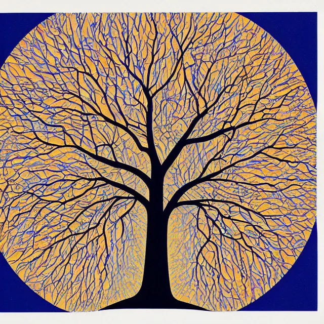 Prompt: the tree of life in a minimalist collage of geometric shapes, tetrachromacy, primary colors, in the style of ikko tanaka, japanese graphic design, 1 9 8 0, by ernst haeckel