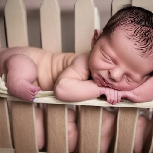 Image similar to extremely muscular bodybuilder newborn little baby in a crib, genetically engineered, rippling muscles, huge veins, bulging muscles, ripped, flexing, intense expression, award winning photography, high detail