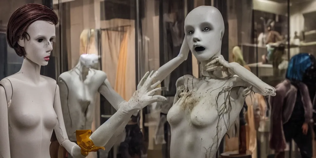 Prompt: a horror movie in a mall ; a mannequin is transforming into flesh, its face is in pain, it is half alive, half of the body is plastic the other half is flesh, the background is misty, cinematic still, 4 k, dramatic, eerie, cinema lighting, low light, realistic