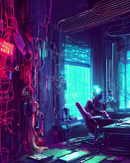 Prompt: [ grimes ]! [ 3 d render, made of wires and metallic material ]!! sitting in a [ cyberpunk club ]!!, [ 4 k digital art ]!!, neon atmosphere, volumetric lighting, bioluminescent coloring, afrofuturism, illustrated by greg rutkowski and rajmund kanelba, cgsociety contest winner, intricate