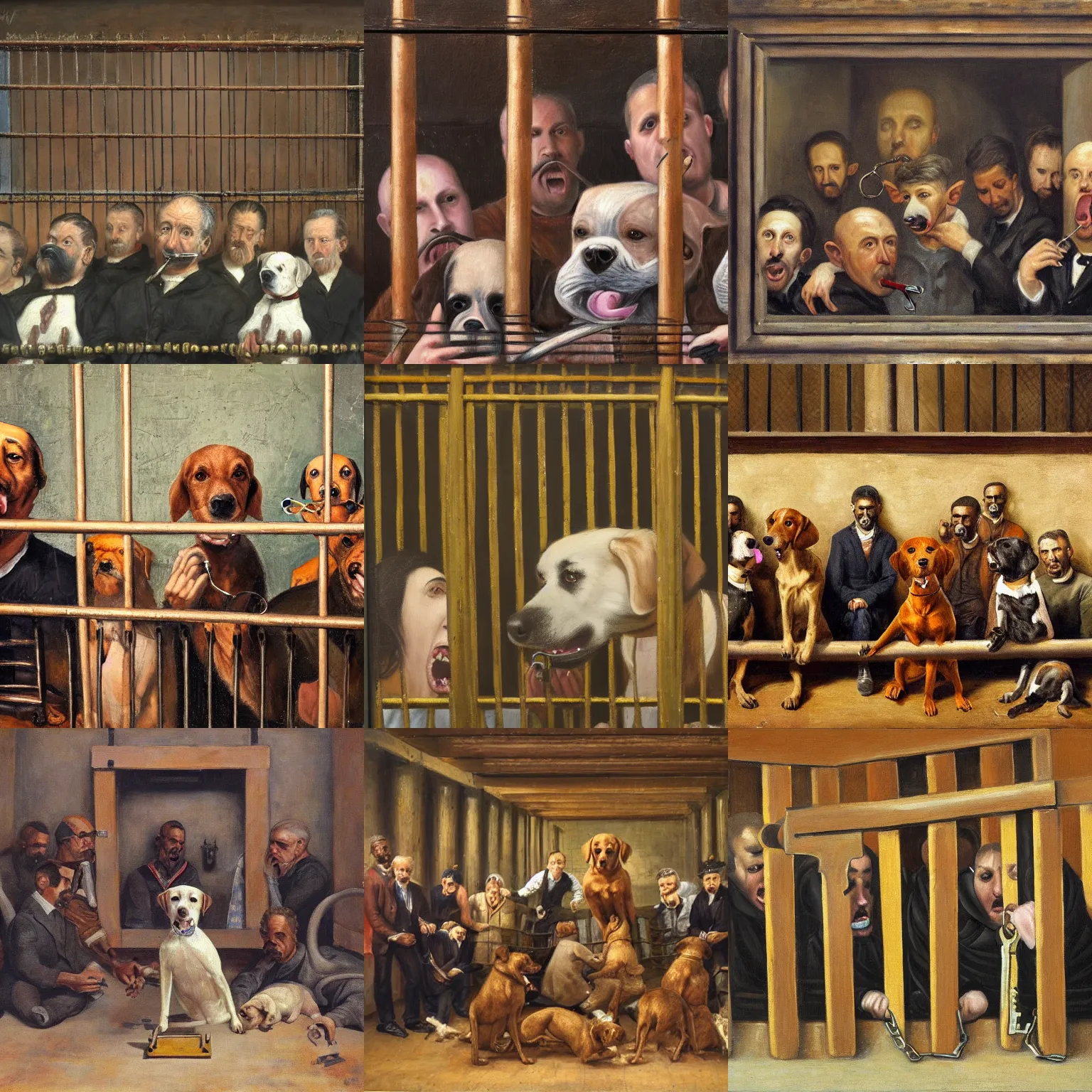 Prompt: dog holding a key in mouth in front of a group of men behind bars, wide angle, realism, old painting, oil painting