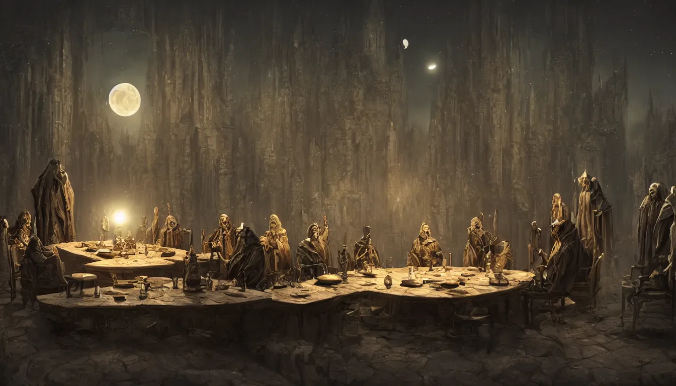 Image similar to A meeting of the council of elders, robed figures sat around a table, beautiful architecture, night time, stars visible, beautiful moon light, concept art, fantasy art, digital art by michal karcz, trending on artstation, highly detailed, 8k