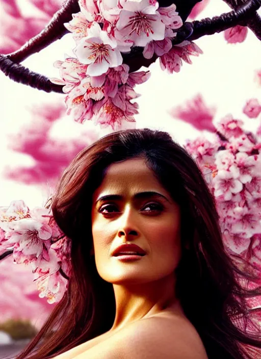 Image similar to photo of a gorgeous salma hayek in the style of stefan kostic, realistic, body shot, sharp focus, 8 k high definition, insanely detailed, intricate, elegant, art by stanley lau and artgerm, cherry blossoms